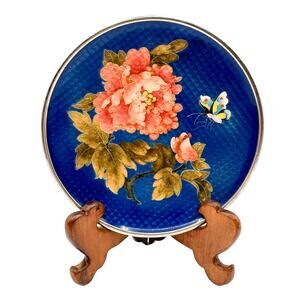 Antique Silver Ginbari Cloisonne Plate Blue Coral Peony Flower Butterfly w Stand